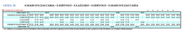 Timetable of the Vaporetto Line 20.